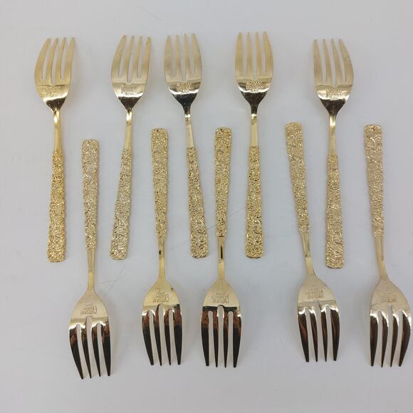 National Stainless Japan Salad Fork Gold Set of 10 Hollywood Regency - Picture 2 of 15